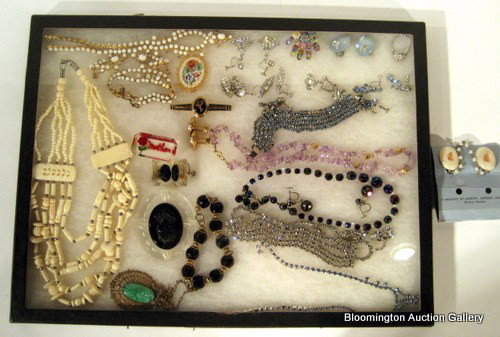 Lot of Vintage Costume Jewelry w/Designer Pieces w/case: Collection of vintage costume jewelry including designer pieces in glass top display case ***PLEASE NOTE, EXPRESS SHIPPING AVAILABLE FOR THIS ITEM: For an additional handling fee of $15.00, this item 