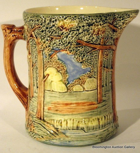Weller Art Pottery "Forest" Pitcher, Antique: Weller Art Pottery "Forest" Pitcher Decorated with Landscape - 7"h - antique ***PLEASE NOTE, EXPRESS SHIPPING AVAILABLE FOR THIS ITEM: For an additional handling fee of $15.00, this item will be shipp