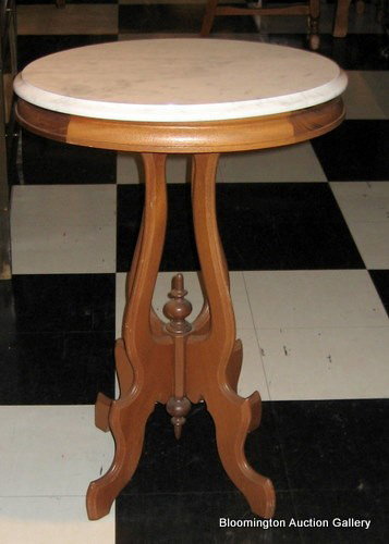 Walnut Victorian Marble Top Repro Side Table, Ornate: Walnut Victorian White Marble Reproduction Round Top Side Table with Ornate Pedestal Base, 29" high, 16" diameter - Vintage. ***PLEASE NOTE: FREE SHIPPING for FURNITURE PURCHASES $2,500 and GREATER to