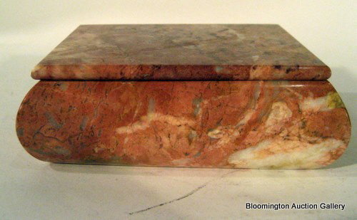 Carved Alabaster Hinged Lidded Box: Carved Alabaster Hinged Lidded Box, 2" high, 5" wide, 4" deep. ***PLEASE NOTE, EXPRESS SHIPPING AVAILABLE FOR THIS ITEM: For an additional handling fee of $15.00, this item will be shipped within 48 b