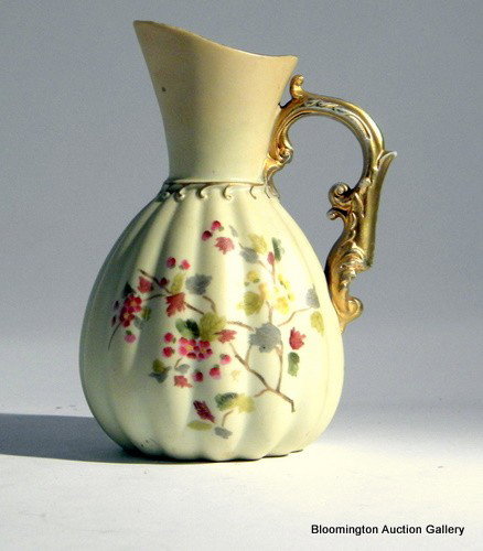 Royal Worcester Porcelain Pitcher w/Gilded Handle, Anti: Royal Worcester Porcelain Pitcher decorated with Flowers & Gilded Handle - 6.5"h ***PLEASE NOTE, EXPRESS SHIPPING AVAILABLE FOR THIS ITEM: For an additional handling fee of $15.00, this item will be s