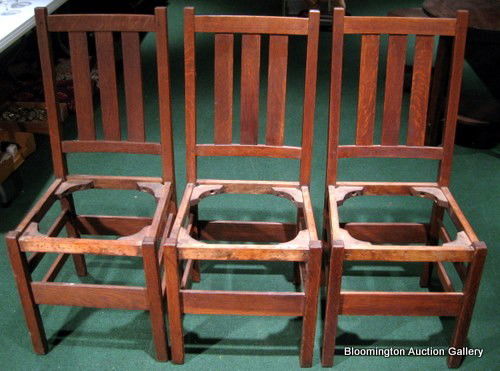 3 Gustav Stickley Oak Arts & Crafts dining chairs: 3 Gustav Stickley Oak Arts and Crafts dining chairs - Antique. just frames, no seats. ***PLEASE NOTE: FREE SHIPPING for FURNITURE PURCHASES $2,500 and GREATER to Central Pennsylvania & New York City,