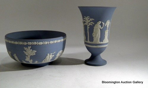 Wedgewood England Blue Jasperware bowl, vase: Wedgewood England Blue Jasperware round bowl (3.75" high x 8" diameter) and vase ( 7.5" high) - Vintage ***PLEASE NOTE, EXPRESS SHIPPING AVAILABLE FOR THIS ITEM: For an additional handling fee of $15.