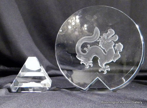 3 Hoya Crystal paperweights Dragon Pyramid and Face: Three Hoya Crystal Paperweights: Dragon (6.5" high), Pyramid (2.75" high) and Face (8.25"high)- Modern - all have slight chips. ***PLEASE NOTE, EXPRESS SHIPPING AVAILABLE FOR THIS ITEM: For an additio
