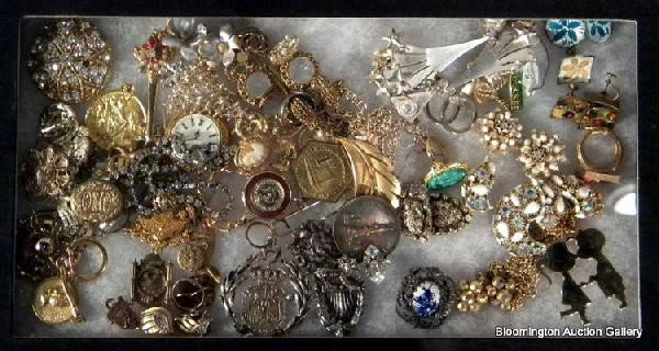 Collection of Costume Jewelry in glass top disp. case: Collection of Costume Jewelry including designer pieces in glass top display case- Vintage ***PLEASE NOTE, EXPRESS SHIPPING AVAILABLE FOR THIS ITEM: For an additional handling fee of $15.00, this item