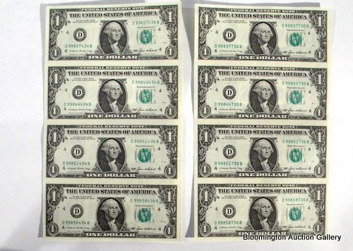 2 Uncut US 1 Dollar Bill Sheets 1985: Two Uncut US Currency One Dollar Bill Sheets, both 1985 ***PLEASE NOTE, EXPRESS SHIPPING AVAILABLE FOR THIS ITEM: For an additional handling fee of $15.00, this item will be shipped within 48 business
