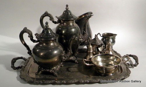 Oneida Silver-Plated Coffee/Tea set: Oneida silver-plated coffee/tea set: coffee pot, teapot, water pitcher, lidded sugar, creamer, pair salts and non-matching butter dish - Vintage ***PLEASE NOTE, EXPRESS SHIPPING AVAILABLE FOR THIS ITE