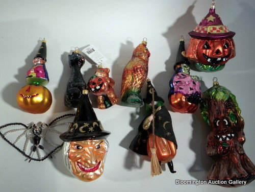 10 Christopher Radko Halloween Themed Ornaments: 10 Christopher Radko Halloween Themed Hand Painted Christmas Ornaments w/Original Box - cat eye damaged