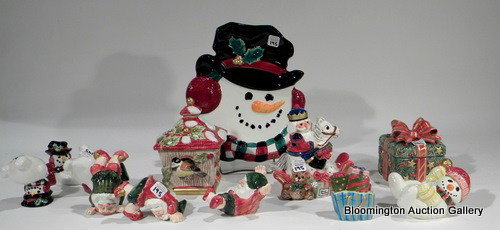 7 Fitz & Floyd Items: Chickadee Box, Gift Box, ........: 7 Fitz & Floyd Items: Chickadee Box, Snowman Salt Set, Nutcracker Rocking Horse, Gift Box, Snowman Tumblers Set, Tumbling Elves, Snowman Plate, W/Original Boxes