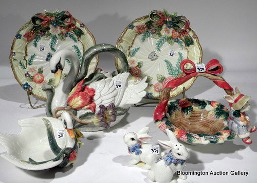 7 Fitz & Floyd Items: Flora Bunny Basket, .......: 7 Fitz & Floyd Items: Flora Bunny Basket, 2 Woodland Spring Canape Plates, Bunny Bonnet Hill Basket, Tulip Swan Teapot, Natures Treasure Swan Bowl, Pair Bunny Salts, W/Original Boxes