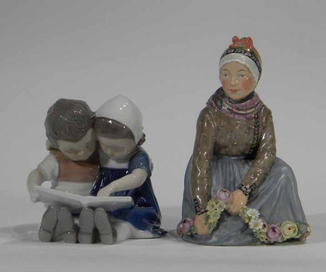 Copenhagen Figurine of Woman and B& G Figurine 2 Girls: Copenhagen Figurine of Woman #12413, 5" high - minor chips on flowers and B&G Figurine of Two Girls Reading #HN1567, 4" high - Vintage.