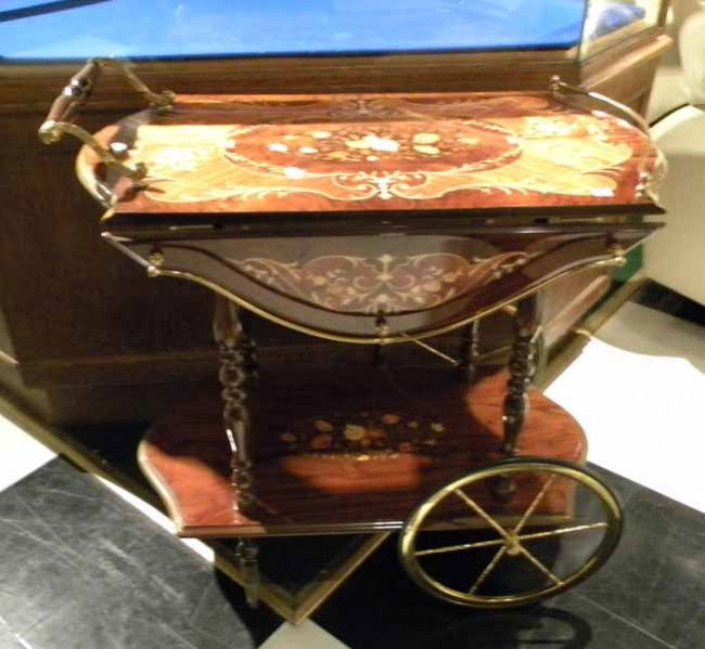 Inlaid Italian Tea Cart, Floral & Scroll Top: Heavily inlaid Italian tea cart with floral and scroll top, lower shelf - 30"h - 30"w