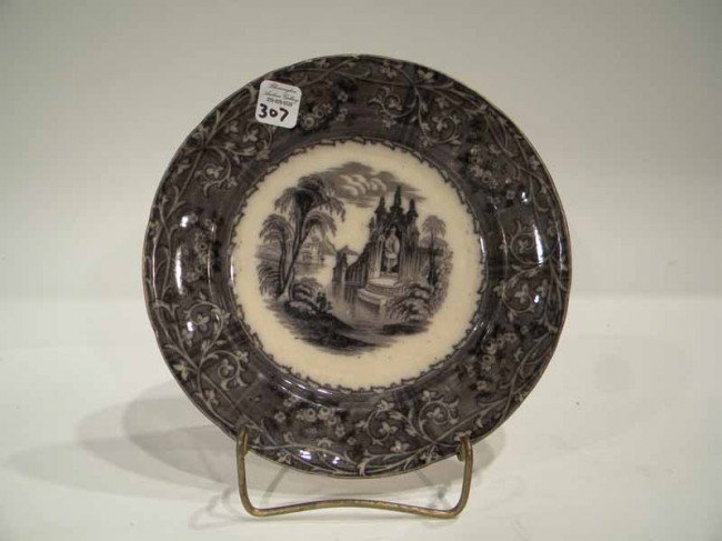 TJ&J Moyer Transfer Painted Plate "Rhone Scenery": TJ&J Moyer black transfer painted plate "Rhone Scenery" pattern - 7.5" diameter - antique
