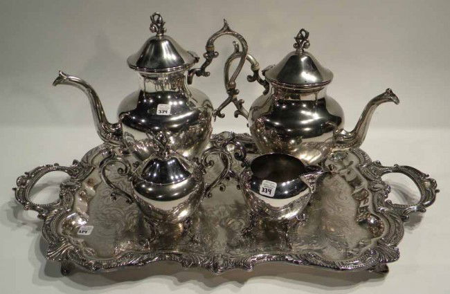 Silver on Copper Coffee/Tea Set: Silver on copper coffee/tea set: coffee pot, teapot, lidded sugar, creamer, tray