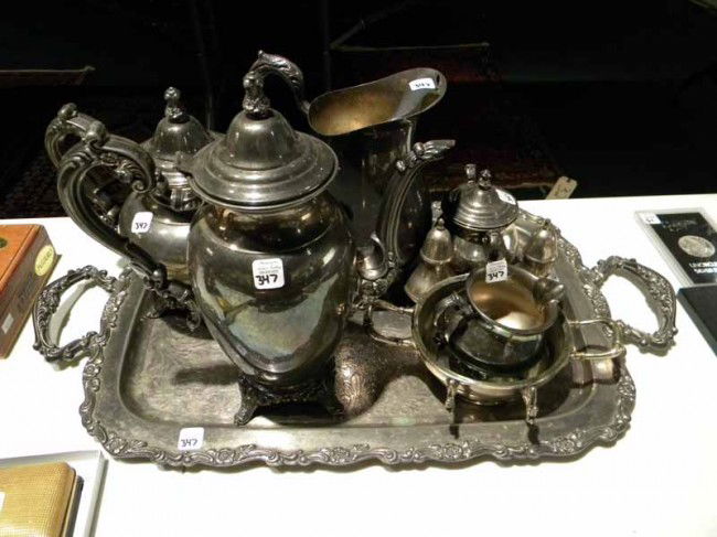 Oneida Silver-Plated Coffee/Tea set: Oneida silver-plated coffee/tea set: coffee pot, teapot, water pitcher, lidded sugar, creamer, pair salts and non-matching butter dish - Vintage