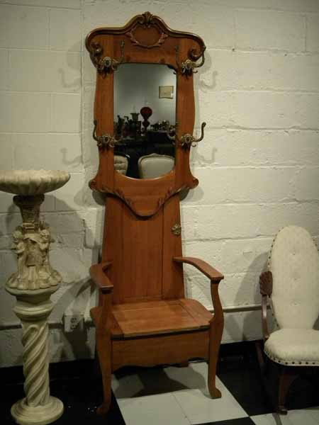 Oak Hall Tree w/Upper Hat Rack, Mirrored Back, Storage 