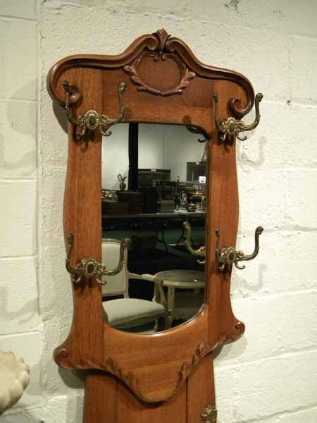 Oak Hall Tree w/Upper Hat Rack, Mirrored Back, Storage  - 2