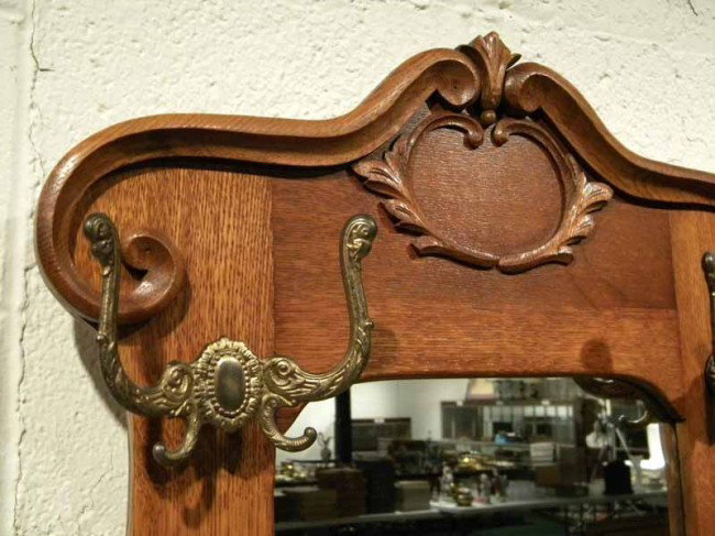 Oak Hall Tree w/Upper Hat Rack, Mirrored Back, Storage  - 4