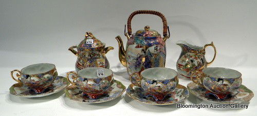 Chinese Porcelain Tea Set: Chinese porcelain tea set: teapot, 4 cups, 4 saucers, lidded sugar, and creamer - vintage ***DUE TO THE FRAGILE NATURE OF SETS OF FINE CHINA & GLASS ITEMS, BLOOMINGTON AUCTION GALLERY MUST CHARGE AN A