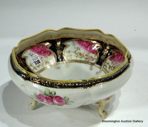 Hand Painted Nippon Bowl with Pink Roses: Hand painted Nippon 3 footed bowl decorated with pink roses -4"H 8" Diameter antique