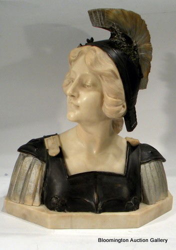 Hand Carved Marble/Alabaster Bust "Minerva/Athena": Ornate hand carved marble & alabaster statue, bust of goddess "Minerva/Athena", signed A. Gennai - 18.5"h 17"w (some slight damage).