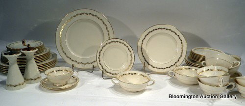 Lenox Porcelain Dinnerware 46 pc: Lenox Porcelain Dinnerware:6 Dinner plates, 6 Salad plates, 7 bread plates, 5 two handled soup bowls, 6 underplates, 6 cups, 8 saucers and pair of salts.- Vintage ***DUE TO THE FRAGILE NATURE OF SETS 
