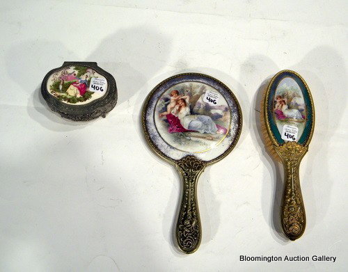 Metal Framed Porcelain Dresser set 3 pc: Metal Framed Porcelain Dresser set decorated with painted figures: Brush, Mirror, Dresser Box - Modern