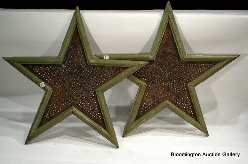 Pair Pierced Metal Star Panels: Pair Pierced Metal Star Panels in Wooden Frames. 25" high - Antique