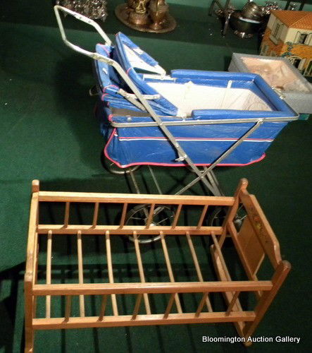 Metal Framed Doll Buggy & Wood Doll Bed, Vintage: Metal framed doll buggy (28"L X32"h) & Wood Doll Bed (13.25"h x 25" w) - vintage