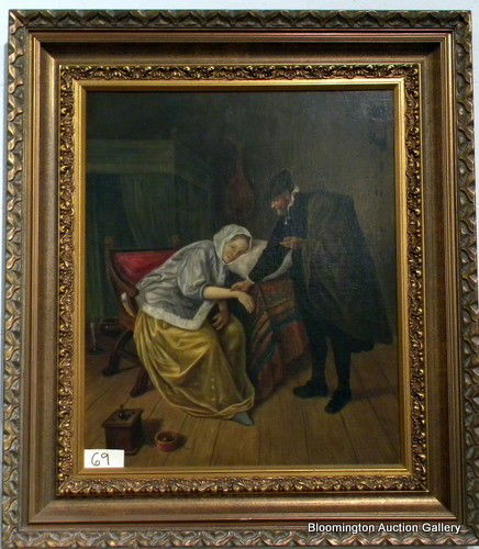 Framed Print on board "The Sick Woman" after Jan Steen: Framed print on board, man and woman entitled "The Sick Woman", after Jan Steen, 32" x 28" overall - Vintage.