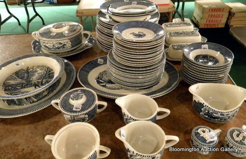 Currier and Ives Dinnerware: Currier and Ives Dinnerware: 16 Dinner plates, 12 Salad plates, 12 Saucers, 11 Sauce dishes, Soup bowl, 2 Bread plates, 3 Butter Dishes, Gravy boat, Pair Salts, Oval Platter, Round Platter, Round Dish