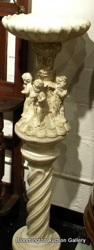 Ceramic Bird Bath decorated w/Cherubs & Pedestal: Ceramic bird bath decorated with cherubs at base on separate pedestal, 47" high - pedestal chipped - Vintage.
