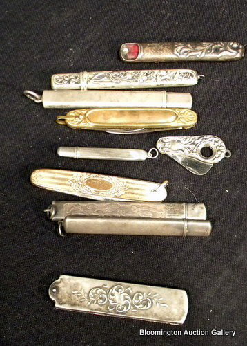 5 Sterling Silver Victorian Pencils, ect....: 5 Sterling Silver Victorian Pencils, Small Sterling Cased Comb, Sterling Silver Small Knife, Sterling Case with Two Pocket Knives. Antique