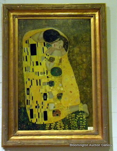 Framed Oil on Canvas Copy of "The Kiss": Framed Oil on Canvas Copy of "The Kiss" by Gustav Klimt, signed on Lower left C. Huntington 45 1/2" X 33" - modern
