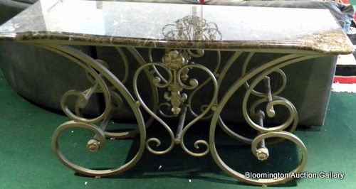 Hickory White Console Table w/Brown Marble Top: Hickory White Marble Console Table with Cast Metal Base and brown Marble Top, 34"H X 60"W - modern