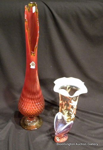 Three Fenton Art Glass Items: 2 Vases and Butterfly: Three Fenton Art Glass Items: large orange hobnail vase - 21.5" high; amethyst butterfly - 4.5" high and hand painted vase, 8" high, signed H. Cronin #558. Vintage
