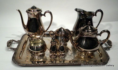 Henley Community SP Coffee/Teaset, 8 Pc: 8 Piece Henley Community Silver Plated Coffee/Tea Set - Coffeepot, Teapot, Pitcher, Lidded Sugar, Creamer, Pair Salts, & Tray - damage to finials - vintage