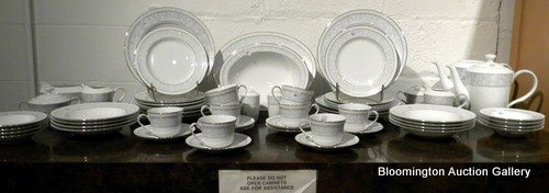 51 Pcs Noritake "Glenrose Platinum" Pattern Dinnerware: Noritake Glenrose Platinum Dinnerware 8 Dinner Plates, 8 Salad Plates, 8 Soup Bowls, 8 Cups, 8 Saucers, 2 Coffee Pots, 2 sugars, 2 Creamers, Gravy Boat, Oval Platter, Oval Serving Bowl and Pair salts,