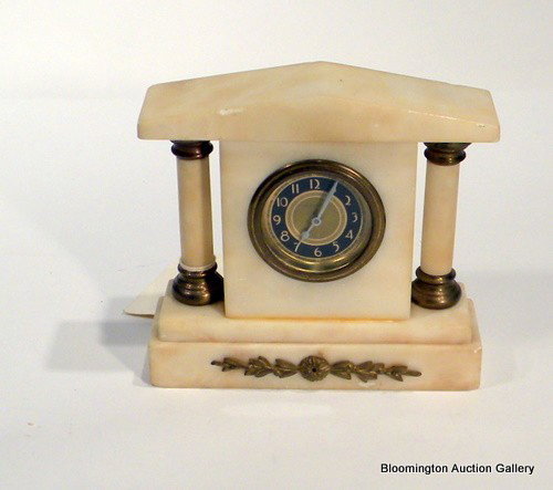 New Haven Marble Cased Dresser Clock: New Haven White Marble Cased Dresser Clock with Column Supports - 5-3/4" high, 6" wide. Vintage.