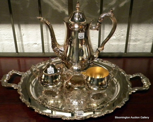 4 Pc Oneida Silver Plated Coffee Set, "Georgian Scroll": Oneida Silver Plated Coffee Set, Georgian Scroll Pattern" Coffee Pot, Round Serving Tray, Sugar, Creamer with original box - Modern