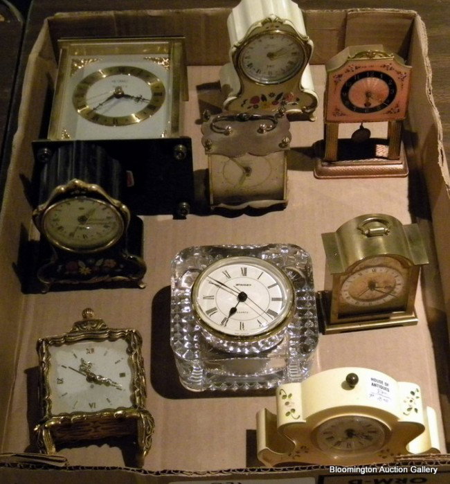 9 Dresser Clocks - Sheffield, Staiger, etc: 9 Dresser clocks including Metamac, 2 Lindens, Staiger, Emes, Westclox, Sheffield, and 2 unmarked - vintage - 2.5"h to 6.5"h