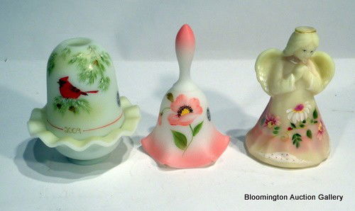 3 Fenton Glass Items - Fairy Light, Angel, Bell: 3 Fenton Items - Opal Sanded Angel, Opal Satin Bell, Opal Sanded Fairy Light - WOB - Angel 6 1/4" H Bell - 6 3/4" H Fairy Light 6"H - Modern