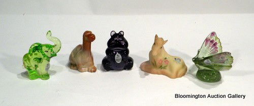 5 Fenton Glass Items - Horse, Elephant, Hippo, etc: 5 Fenton Items - Fern Green Butterfly, Chocolate Dinosaur, Burmese Sanded Horse, Key Lime Elephant, Violet Hippo - All 3 1/2 " High ***DUE TO THE FRAGILE NATURE OF SETS OF FINE CHINA & GLASS ITEMS, BL
