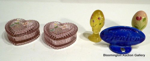 5 Fenton Glass Items - Logo Sign, Egg, Box, etc: 5 Fenton glass items - Blue Logo Sign, Burmese Egg, Butter Cup Egg, 2 Madras Neat Trinket Box - All 3 1/2" H - WOB - Modern ***DUE TO THE FRAGILE NATURE OF SETS OF FINE CHINA & GLASS ITEMS, BLOOMINGTO