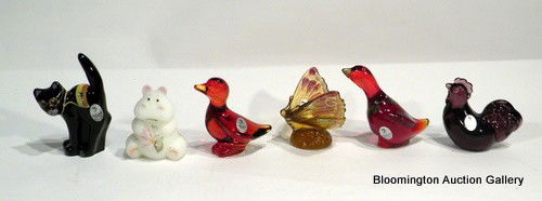 6 Fenton Glass Items - Butterfly, Hippo, Cat, etc: 6 Fenton glass items - Autumn Gold Butterfly, Aubergine Rooster, White Hippo, Red Duck, Ruby Goose, Black Cat - WOB - All 3 1/2"H - Modern ***DUE TO THE FRAGILE NATURE OF SETS OF FINE CHINA & GLASS IT
