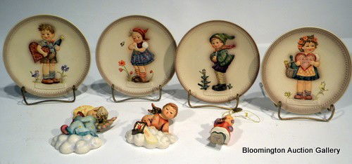 4 Hummel Plates & 3 Hummel Ornaments: 4 Hummel plates and 3 Hummel ornaments - Valentine Joy", "It's Cold", "Daisies Don't Tell", "Valentine Gift", 3 Ornaments - Vintage - Plates - 6 1/4" H Ornaments 3"-5" ***DUE TO THE FRAGILE NATURE OF