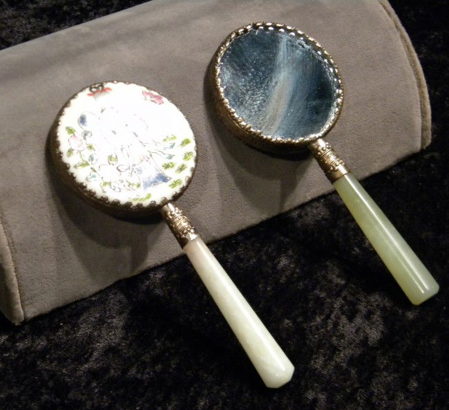 Pr Oriental Hand Mirrors w/Jade Handles: Pair of small hand mirrors decorated with oriental women and Jade handles, both 5.25" high - Vintage
