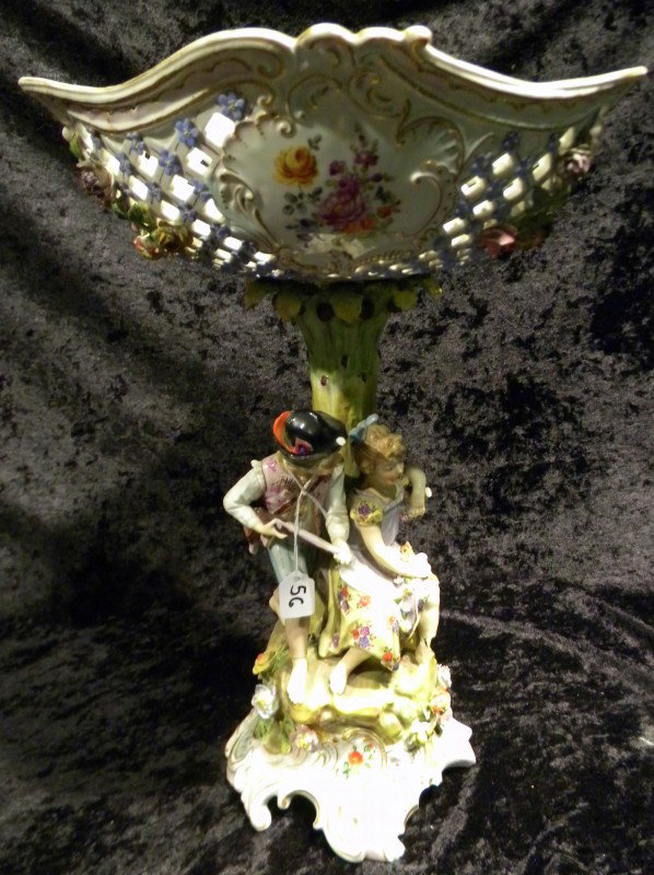 Large Potschappel Porcelain Pedestal Console Bowl: Large Potschappel Carl Thieme Porcelain Pedestal Console Bowl decorated with figures at base, 16" high, 11.5" diameter - damaged throughout - Antique