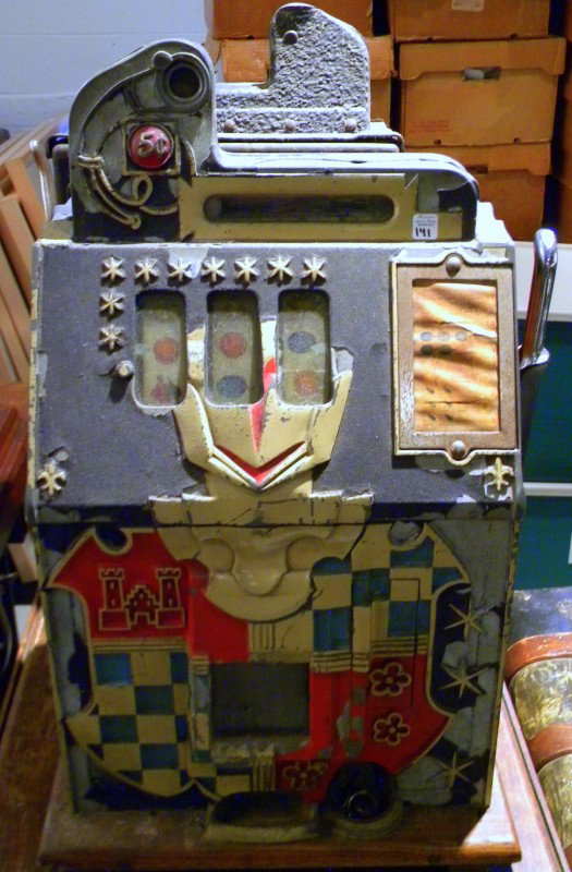 Mills 5 Cent Slot Machine, Vintage: Mills five cent slot machine, 26" high, 16" wide - vintage - machine is jammed.
