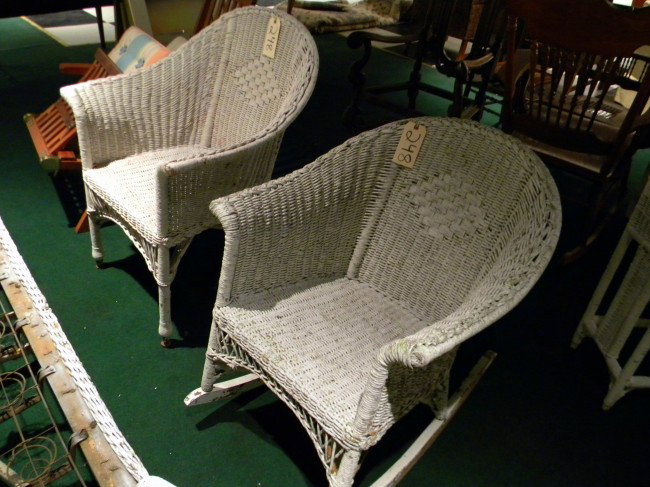 White Wicker Rocking Arm Chair & Arm Chair: White painted wicker rocking armchair and matching armchair - vintage